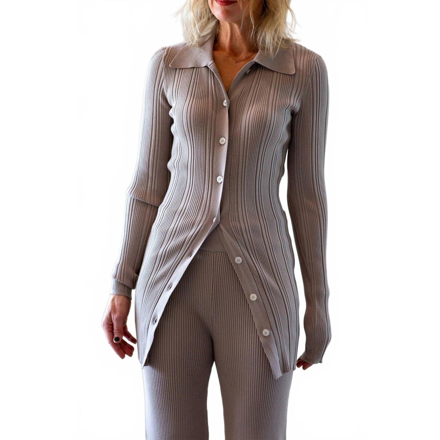 New Remain Rib Knit Long Sleeve Cardigan In Beige